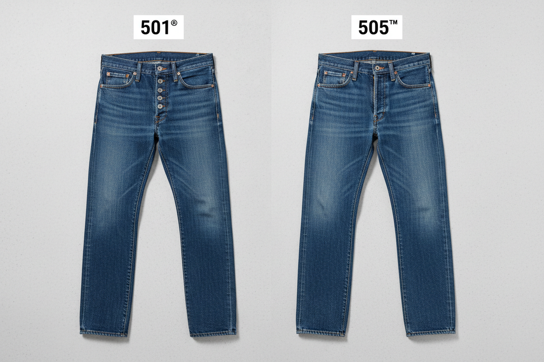 comparaison visuelle entre un jean Levi's 501 à boutons et un Levi's 505 à fermeture éclair